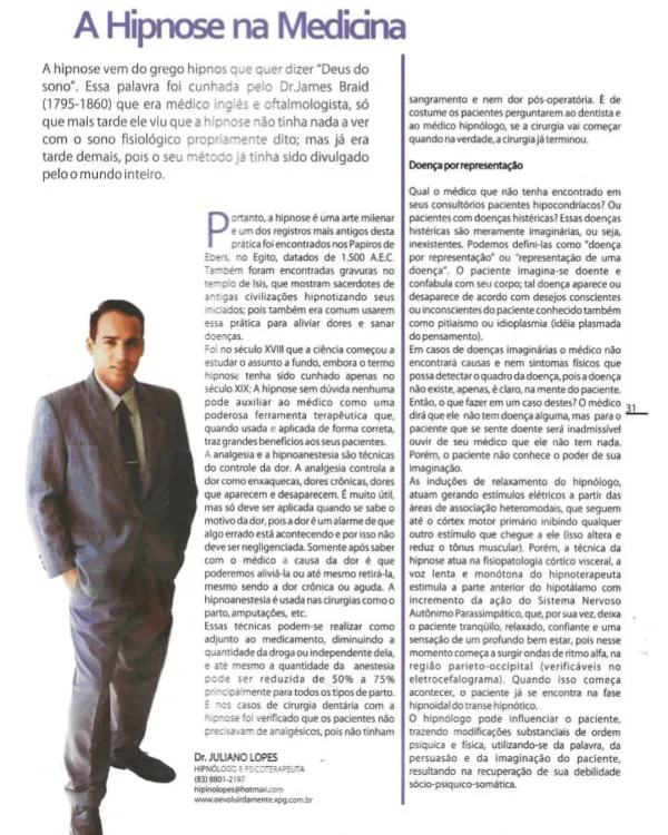 Artigo “A Hipnose na Medicina”, assinado por Juliano Lopes